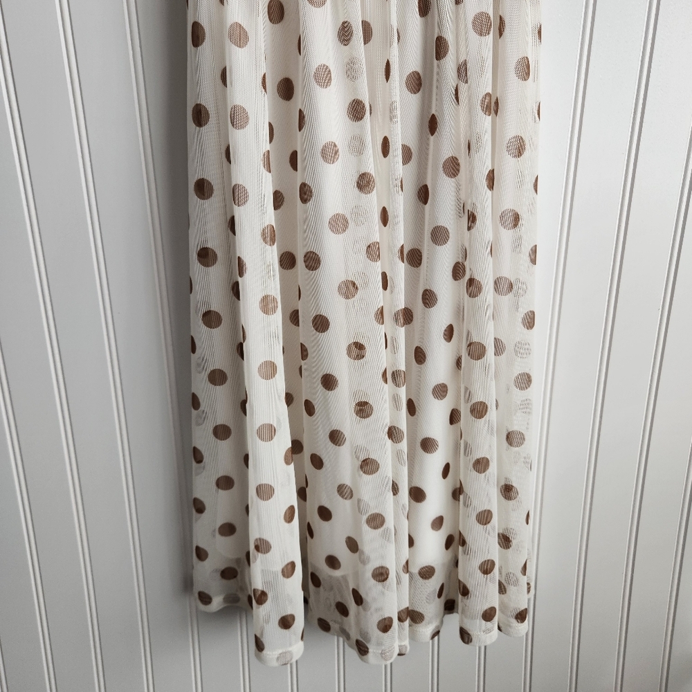 KATE AND LILY Cream Tan Polka Dot V Neck Smocked Waist Knee Length Sundress 6 - Picture 3 of 7